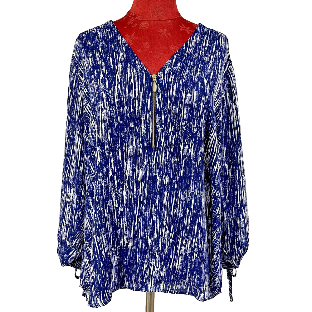 Express Size XL Blouse Blue Swirl Popover Top Roll Tab Sleeves Career Casual